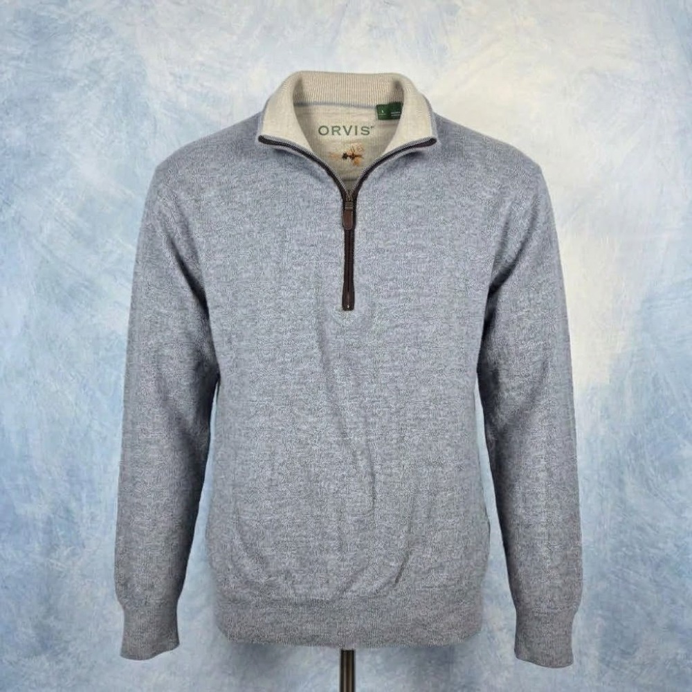 Orvis Mens 100% Merino Wool Quarter Zip Sweater Blue Heather Fly Lure Large